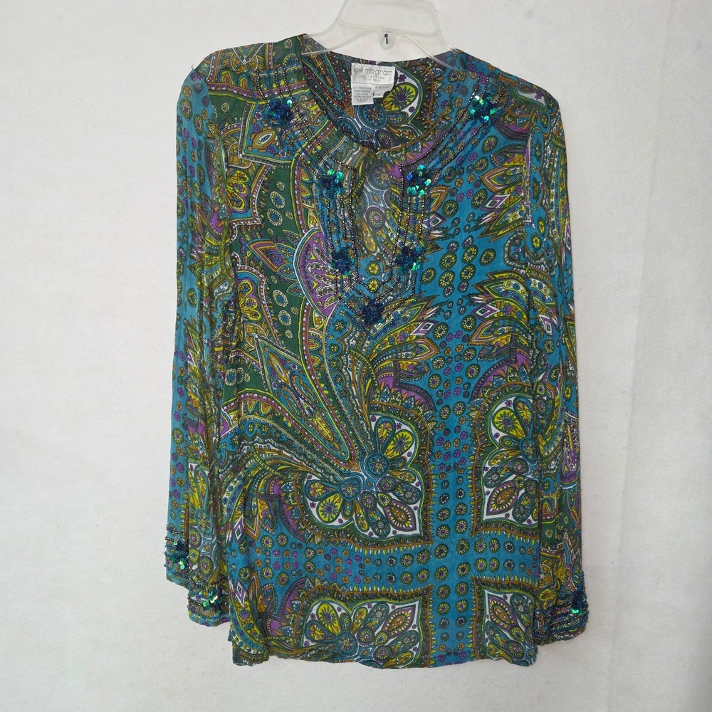 Lew Magram Collection Paisley‎ Beaded Sequin Tunic Top Teal Green Purple L 6657